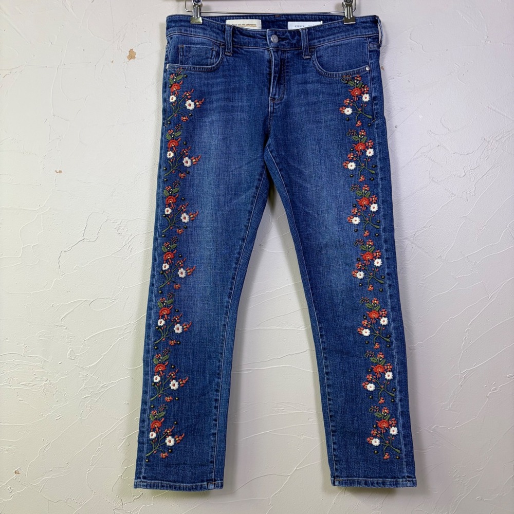 Pilcro Anthropologie Hyphen Jeans Women 28 Floral Embroidered Boho Denim Cottage